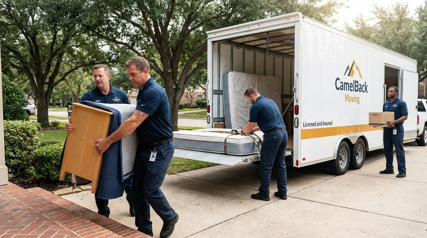 Crew loading residential truck for cross-state move from Labadieville, LA