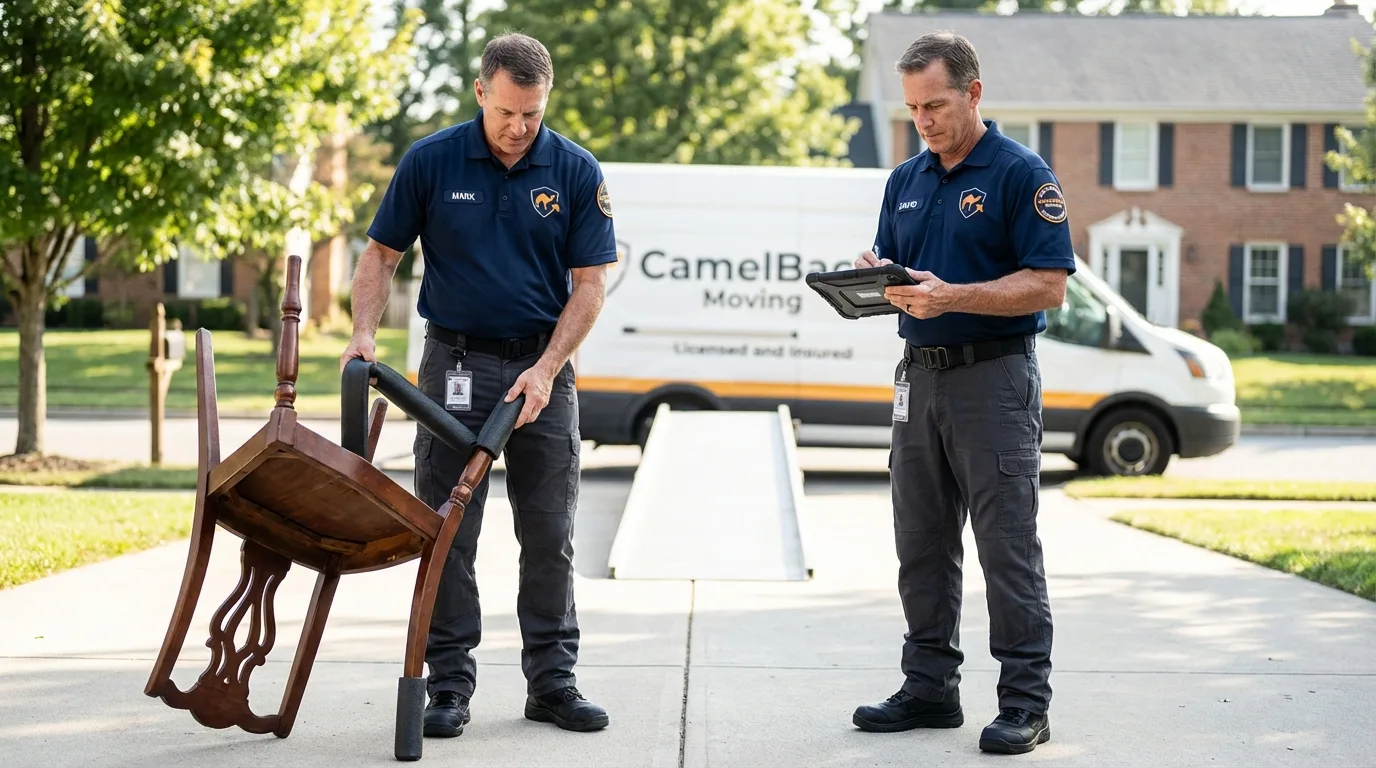 Movers inspecting furniture for damage prevention before loading in Labadieville, LA