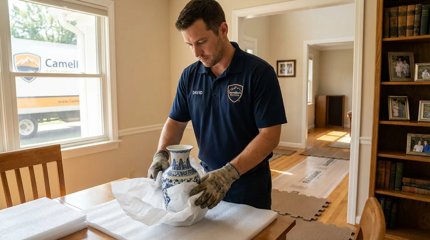 Professional crew carefully wrapping antique vase for senior downsizing move in Labadieville, LA
